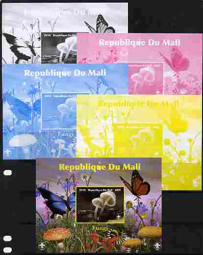 Mali 2010 Fungi #2 s/sheet with Butterflies & Scouts Logo - the set of 5 imperf progressive proofs comprising the 4 individual colours plus all 4-colour composite, unmounted mint, stamps on fungi, stamps on butterflies, stamps on scouts