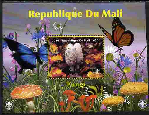 Mali 2010 Fungi #4 perf s/sheet with Butterflies & Scouts Logo unmounted mint. Note this item is privately produced and is offered purely on its thematic appeal, stamps on fungi, stamps on butterflies, stamps on scouts