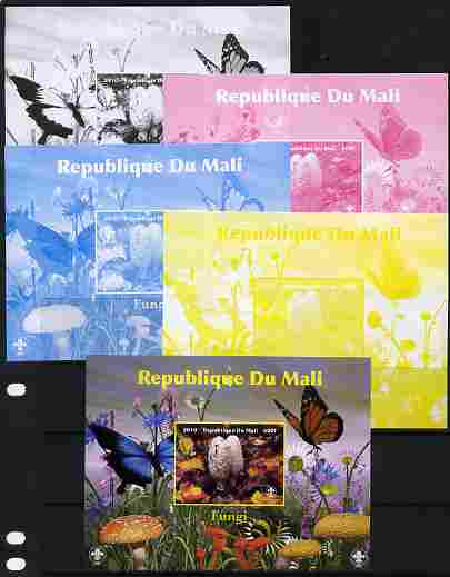 Mali 2010 Fungi #4 s/sheet with Butterflies & Scouts Logo - the set of 5 imperf progressive proofs comprising the 4 individual colours plus all 4-colour composite, unmounted mint, stamps on fungi, stamps on butterflies, stamps on scouts