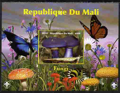 Mali 2010 Fungi #5 perf s/sheet with Butterflies & Scouts Logo unmounted mint. Note this item is privately produced and is offered purely on its thematic appeal, stamps on , stamps on  stamps on fungi, stamps on  stamps on butterflies, stamps on  stamps on scouts