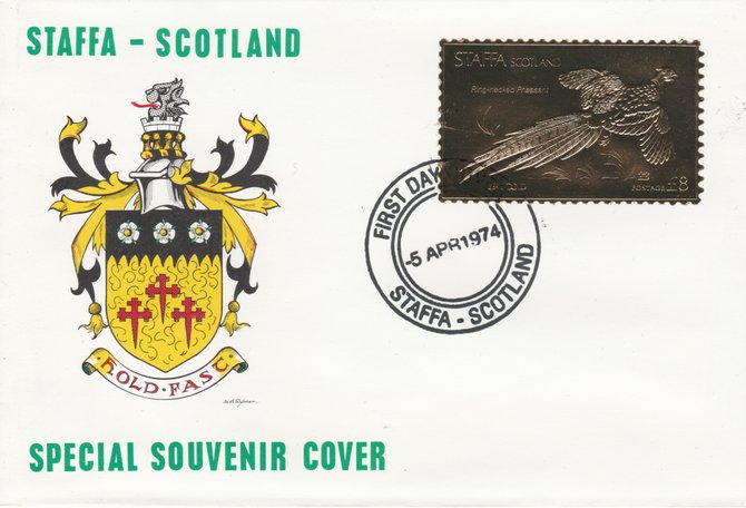 Staffa 1976 Ring-Necked Pheasant (Male) \A38 value perforated & embossed in 23 carat gold foil on souvenir cover with first day cancel (Rosen 283a), stamps on birds    pheasant    game