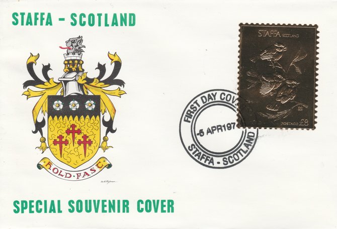 Staffa 1976 Cardinal (Male) A38 value perforated & embossed in 23 carat gold foil on souvenir cover with first day cancel (Rosen 284a), stamps on , stamps on  stamps on birds    cardinal