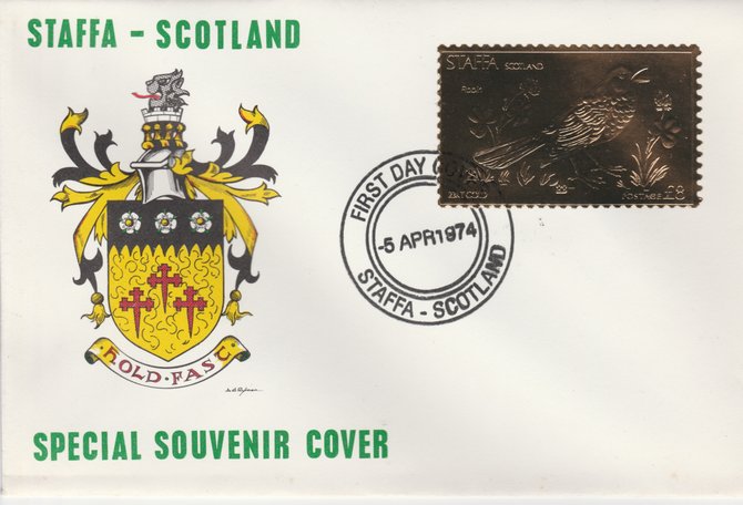 Staffa 1976 Robin (Male) \A38 value perforated & embossed in 23 carat gold foil on souvenir cover with first day cancel (Rosen 289a), stamps on birds    robin