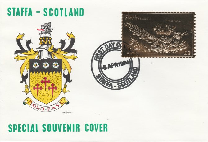 Staffa 1976 Road Runner (Male) A38 value perforated & embossed in 23 carat gold foil on souvenir cover with first day cancel (Rosen 290a), stamps on , stamps on  stamps on birds    road-runner