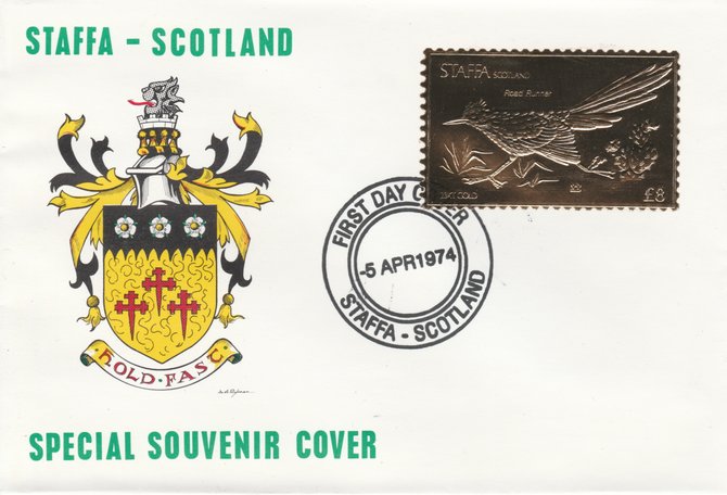 Staffa 1976 Road Runner (Female) A38 value perforated & embossed in 23 carat gold foil on souvenir cover with first day cancel (Rosen 290b), stamps on , stamps on  stamps on birds    road-runner