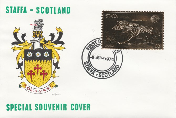 Staffa 1976 Eastern Goldfinch (Female) \A38 value perforated & embossed in 23 carat gold foil on souvenir cover with first day cancel (Rosen 291b), stamps on birds    gold finch