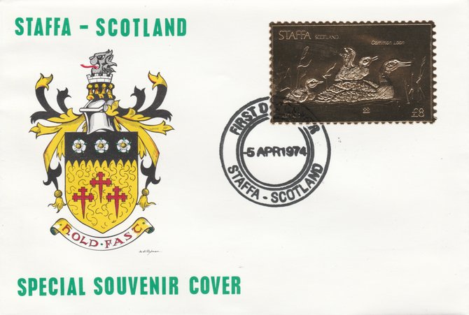 Staffa 1976 Common Loon (Male) \A38 value perforated & embossed in 23 carat gold foil on souvenir cover with first day cancel (Rosen 292a), stamps on birds    loon     duck