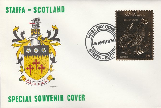 Staffa 1976 Blue Hen Chicken (Male) £8 value perforated & embossed in 23 carat gold foil on souvenir cover with first day cancel (Rosen 294a), stamps on , stamps on  stamps on birds, stamps on  stamps on chicken