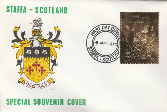 Staffa 1976 Blue Hen Chicken (Female) £8 value perforated & embossed in 23 carat gold foil on souvenir cover with first day cancel (Rosen 294b), stamps on , stamps on  stamps on birds, stamps on  stamps on chicken