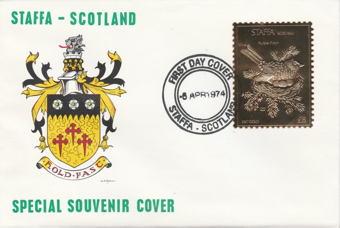 Staffa 1976 Purple Finch (Male) A38 value perforated & embossed in 23 carat gold foil on souvenir cover with first day cancel (Rosen 296a), stamps on , stamps on  stamps on birds    finch