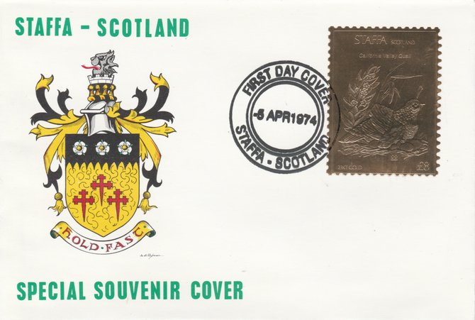 Staffa 1976 California Valley Quail (Male) A38 value perforated & embossed in 23 carat gold foil on souvenir cover with first day cancel (Rosen 297a), stamps on , stamps on  stamps on birds, stamps on  stamps on quail, stamps on  stamps on game
