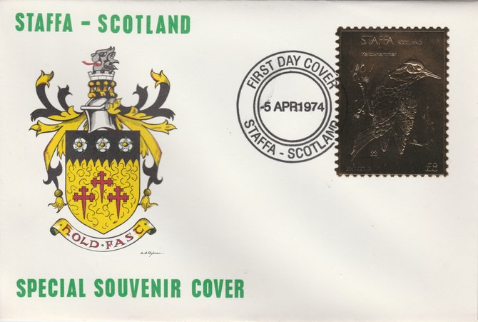 Staffa 1976 Yellow Hammer (Female) \A38 value perforated & embossed in 23 carat gold foil on souvenir cover with first day cancel (Rosen 298b), stamps on birds, stamps on yellow hammer