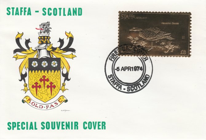 Staffa 1976 Hawaiian Goose (Male) \A38 value perforated & embossed in 23 carat gold foil on souvenir cover with first day cancel (Rosen 302a), stamps on birds    goose