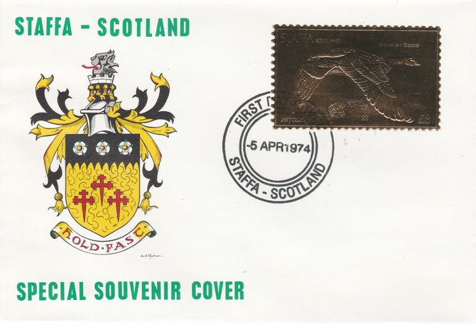 Staffa 1976 Hawaiian Goose (Female) \A38 value perforated & embossed in 23 carat gold foil on souvenir cover with first day cancel (Rosen 302b), stamps on birds    goose