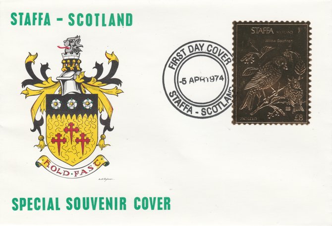 Staffa 1976 Willow Goldfinch (Male) \A38 value perforated & embossed in 23 carat gold foil on souvenir cover with first day cancel (Rosen 304a), stamps on birds, stamps on gold finch