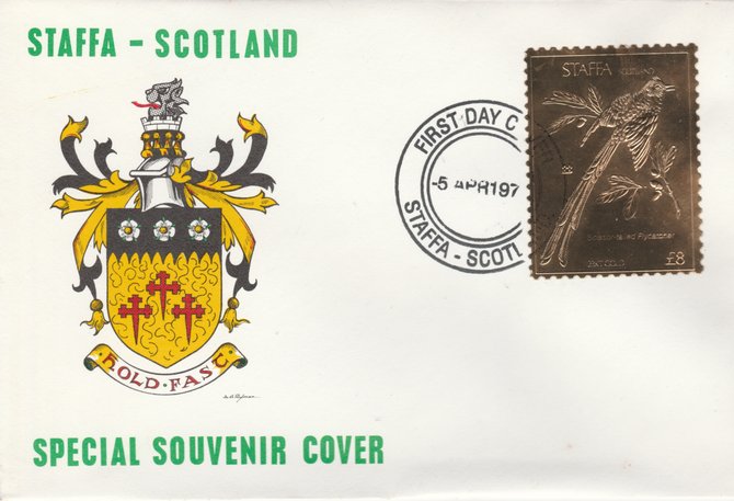 Staffa 1976 Scissor Tailed Flycatcher (Female) \A38 value perforated & embossed in 23 carat gold foil on souvenir cover with first day cancel (Rosen 305b), stamps on birds, stamps on flycatcher