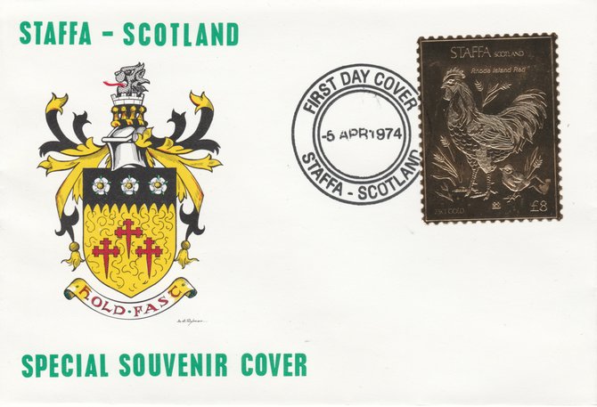 Staffa 1976 Rhode Island Red (Female) Â£8 value perforated & embossed in 23 carat gold foil on souvenir cover with first day cancel (Rosen 306b), stamps on birds    chicken