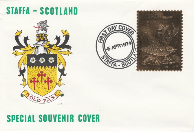 Staffa 1976 Hermit Thrush (Male) \A38 value perforated & embossed in 23 carat gold foil on souvenir cover with first day cancel (Rosen 310a), stamps on birds    thrush