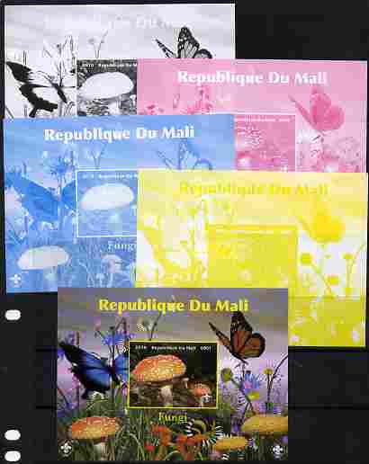 Mali 2010 Fungi #7 s/sheet with Butterflies & Scouts Logo - the set of 5 imperf progressive proofs comprising the 4 individual colours plus all 4-colour composite, unmoun..., stamps on fungi, stamps on butterflies, stamps on scouts