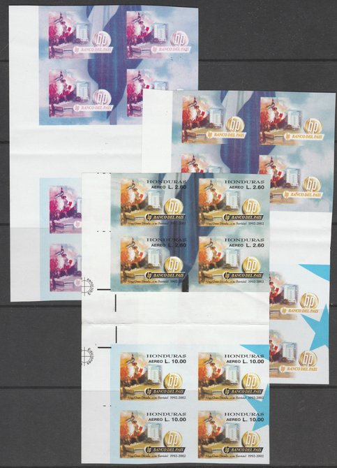 Honduras 2002 Banco del Pais Imperf progressive proofs in 2, 3 and all 4 colours comprising  imperf block of 4 of L2.60 se-tenant with imperf block of L10, folded through..., stamps on 