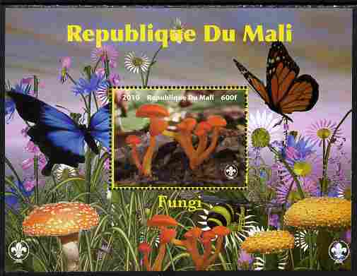 Mali 2010 Fungi #8 perf s/sheet with Butterflies & Scouts Logo unmounted mint. Note this item is privately produced and is offered purely on its thematic appeal, stamps on , stamps on  stamps on fungi, stamps on  stamps on butterflies, stamps on  stamps on scouts