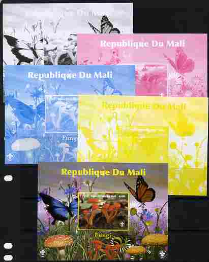 Mali 2010 Fungi #8 s/sheet with Butterflies & Scouts Logo - the set of 5 imperf progressive proofs comprising the 4 individual colours plus all 4-colour composite, unmounted mint, stamps on , stamps on  stamps on fungi, stamps on  stamps on butterflies, stamps on  stamps on scouts