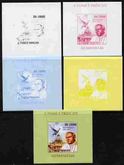 St Thomas & Prince Islands 2010 Humanitarians - Pope John Paul individual deluxe sheet - the set of 5 imperf progressive proofs comprising the 4 individual colours plus all 4-colour composite, unmounted mint, stamps on , stamps on  stamps on personalities, stamps on  stamps on pope, stamps on  stamps on religion, stamps on  stamps on popes