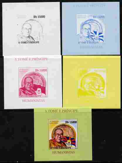 St Thomas & Prince Islands 2010 Humanitarians - Dalai Lama individual deluxe sheet - the set of 5 imperf progressive proofs comprising the 4 individual colours plus all 4-colour composite, unmounted mint, stamps on personalities, stamps on religion, stamps on buddhism