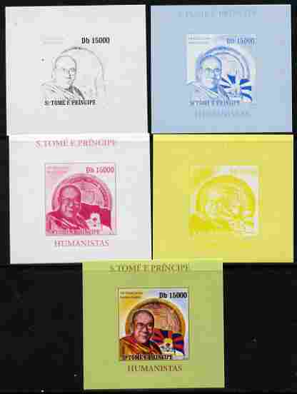 St Thomas & Prince Islands 2010 Humanitarians - Dalai Lama individual deluxe sheet - the set of 5 imperf progressive proofs comprising the 4 individual colours plus all 4..., stamps on personalities, stamps on religion, stamps on buddhism