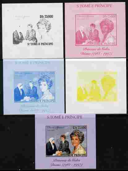 St Thomas & Prince Islands 2010 Diana Princess of Wales #1 with Mother Teresa individual deluxe sheet - the set of 5 imperf progressive proofs comprising the 4 individual colours plus all 4-colour composite, unmounted mint, stamps on , stamps on  stamps on personalities, stamps on  stamps on diana, stamps on  stamps on royalty, stamps on  stamps on women, stamps on  stamps on human rights, stamps on  stamps on peace, stamps on  stamps on nobel, stamps on  stamps on teresa