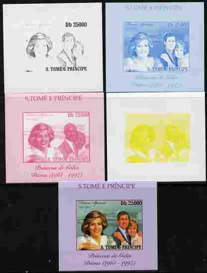 St Thomas & Prince Islands 2010 Diana Princess of Wales #2 with Charles individual deluxe sheet - the set of 5 imperf progressive proofs comprising the 4 individual colours plus all 4-colour composite, unmounted mint, stamps on , stamps on  stamps on personalities, stamps on  stamps on diana, stamps on  stamps on royalty, stamps on  stamps on charles