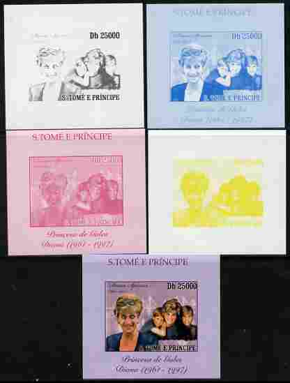 St Thomas & Prince Islands 2010 Diana Princess of Wales #3 with the Princes individual deluxe sheet - the set of 5 imperf progressive proofs comprising the 4 individual colours plus all 4-colour composite, unmounted mint