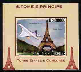 St Thomas & Prince Islands 2010 Eiffel Tower & Concorde #1 individual imperf deluxe sheet unmounted mint. Note this item is privately produced and is offered purely on its thematic appeal, stamps on , stamps on  stamps on eiffel tower, stamps on  stamps on concorde, stamps on  stamps on aviation