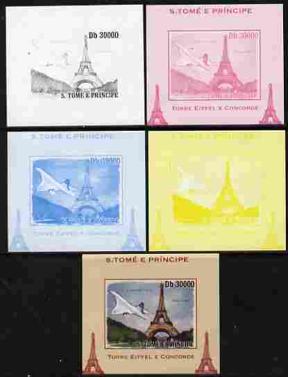 St Thomas & Prince Islands 2010 Eiffel Tower & Concorde #1 individual deluxe sheet - the set of 5 imperf progressive proofs comprising the 4 individual colours plus all 4..., stamps on eiffel tower, stamps on concorde, stamps on aviation