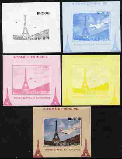 St Thomas & Prince Islands 2010 Eiffel Tower & Concorde #2 individual deluxe sheet - the set of 5 imperf progressive proofs comprising the 4 individual colours plus all 4-colour composite, unmounted mint, stamps on , stamps on  stamps on eiffel tower, stamps on  stamps on concorde, stamps on  stamps on aviation