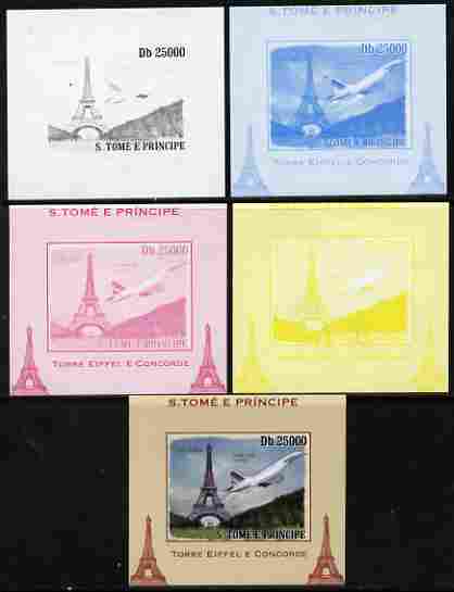 St Thomas & Prince Islands 2010 Eiffel Tower & Concorde #3 individual deluxe sheet - the set of 5 imperf progressive proofs comprising the 4 individual colours plus all 4..., stamps on eiffel tower, stamps on concorde, stamps on aviation