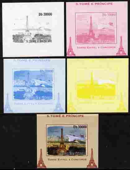 St Thomas & Prince Islands 2010 Eiffel Tower & Concorde #4 individual deluxe sheet - the set of 5 imperf progressive proofs comprising the 4 individual colours plus all 4-colour composite, unmounted mint, stamps on , stamps on  stamps on eiffel tower, stamps on  stamps on concorde, stamps on  stamps on aviation