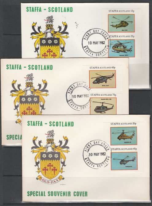 Staffa 1982 Helicopters imperf set of 6 values on 3 special covers with first day cancels, stamps on , stamps on  stamps on aviation    helicopter