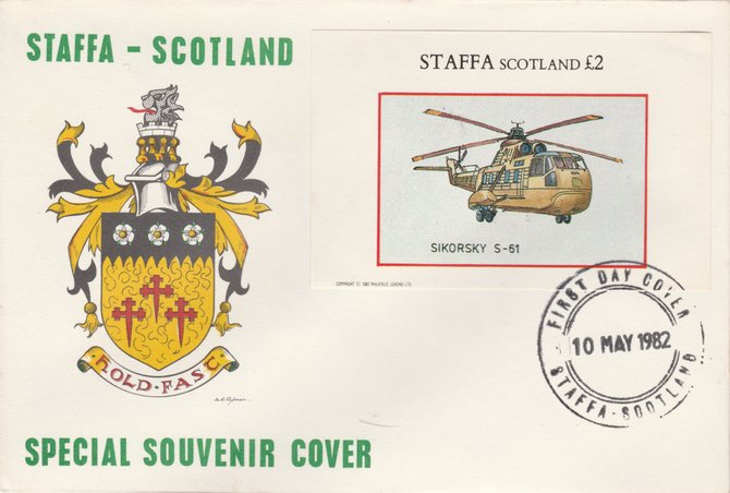 Staffa 1982 Helicopters - Sikorsky S-61 imperf deluxe sheet on special cover with first day cancel, stamps on , stamps on  stamps on aviation    helicopter