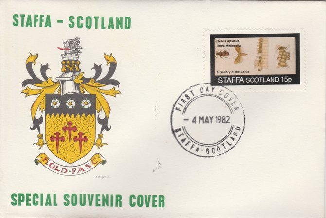 Staffa 1982 Bees #1 (15p perf value) on special cover with first day cancel, stamps on insects     honey, stamps on bees
