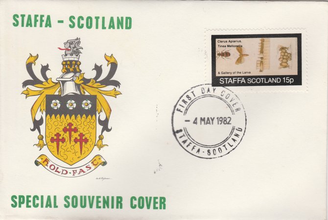 Staffa 1982 Bees #1 (15p perf value) on special cover with first day cancel, stamps on , stamps on  stamps on insects     honey, stamps on bees