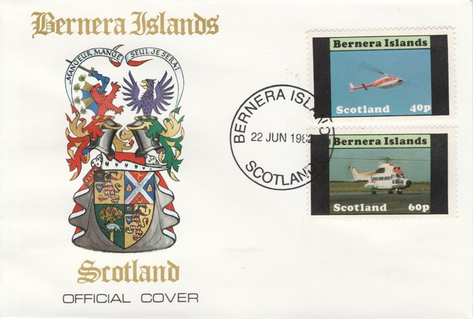 Bernera 1982 Helicopters #2 perf set of 2 on special cover with first day cancel, stamps on , stamps on  stamps on aviation    helicopter