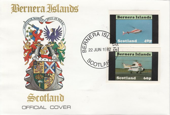 Bernera 1982 Helicopters #2 imperf set of 2 on special cover with first day cancel, stamps on , stamps on  stamps on aviation    helicopter