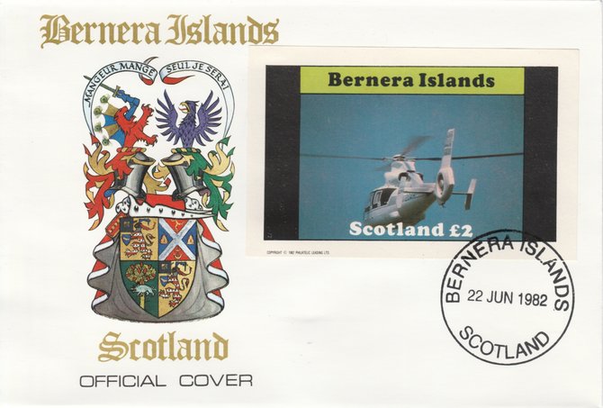 Bernera 1982 Helicopters #2 imperf deluxe sheet (\A32 value) on special cover with first day cancel, stamps on aviation    helicopter