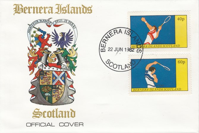 Bernera 1982 Tennis perf  set of 2 values (40p & 60p) on special cover with first day cancel, stamps on , stamps on  stamps on sport   tennis