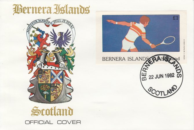 Bernera 1982 Tennis imperf souvenir sheet (\A31 value) on special cover with first day cancel, stamps on sport   tennis