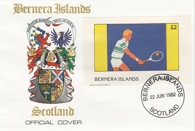 Bernera 1982 Tennis imperf deluxe sheet (A32 value) on special cover with first day cancel, stamps on , stamps on  stamps on sport   tennis