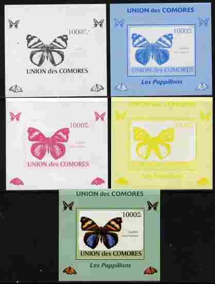 Comoro Islands 2009 Butterflies #1 individual deluxe sheet - the set of 5 imperf progressive proofs comprising the 4 individual colours plus all 4-colour composite, unmou..., stamps on butterflies