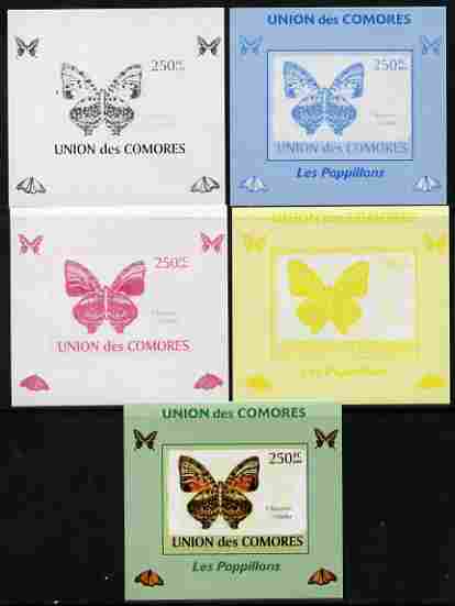 Comoro Islands 2009 Butterflies #2 individual deluxe sheet - the set of 5 imperf progressive proofs comprising the 4 individual colours plus all 4-colour composite, unmou..., stamps on butterflies