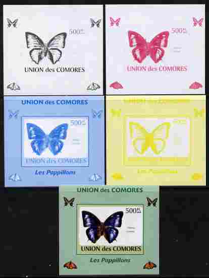 Comoro Islands 2009 Butterflies #3 individual deluxe sheet - the set of 5 imperf progressive proofs comprising the 4 individual colours plus all 4-colour composite, unmou..., stamps on butterflies